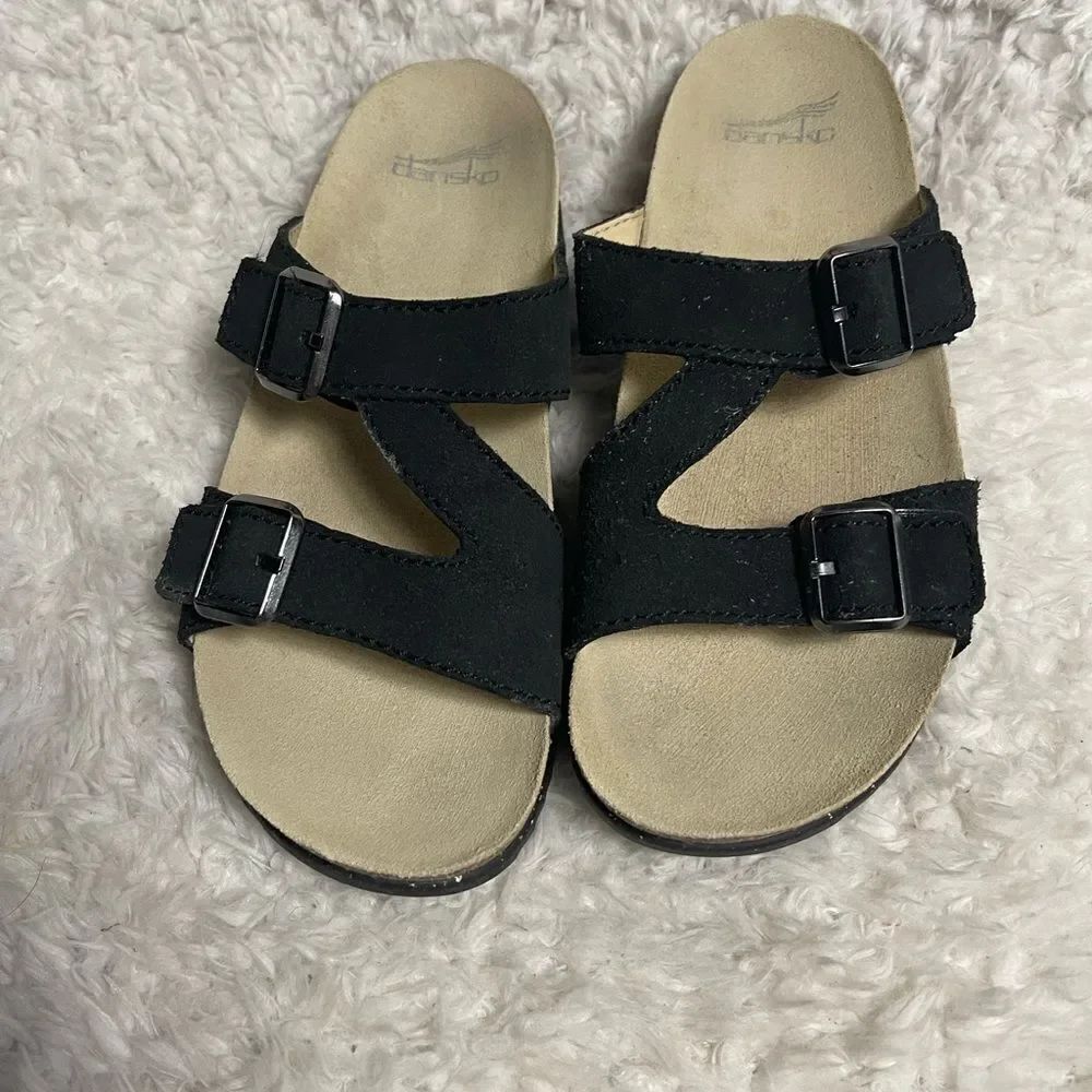Dansko Black leather Suede cork straps Sandals  side bucklesSZ10.5